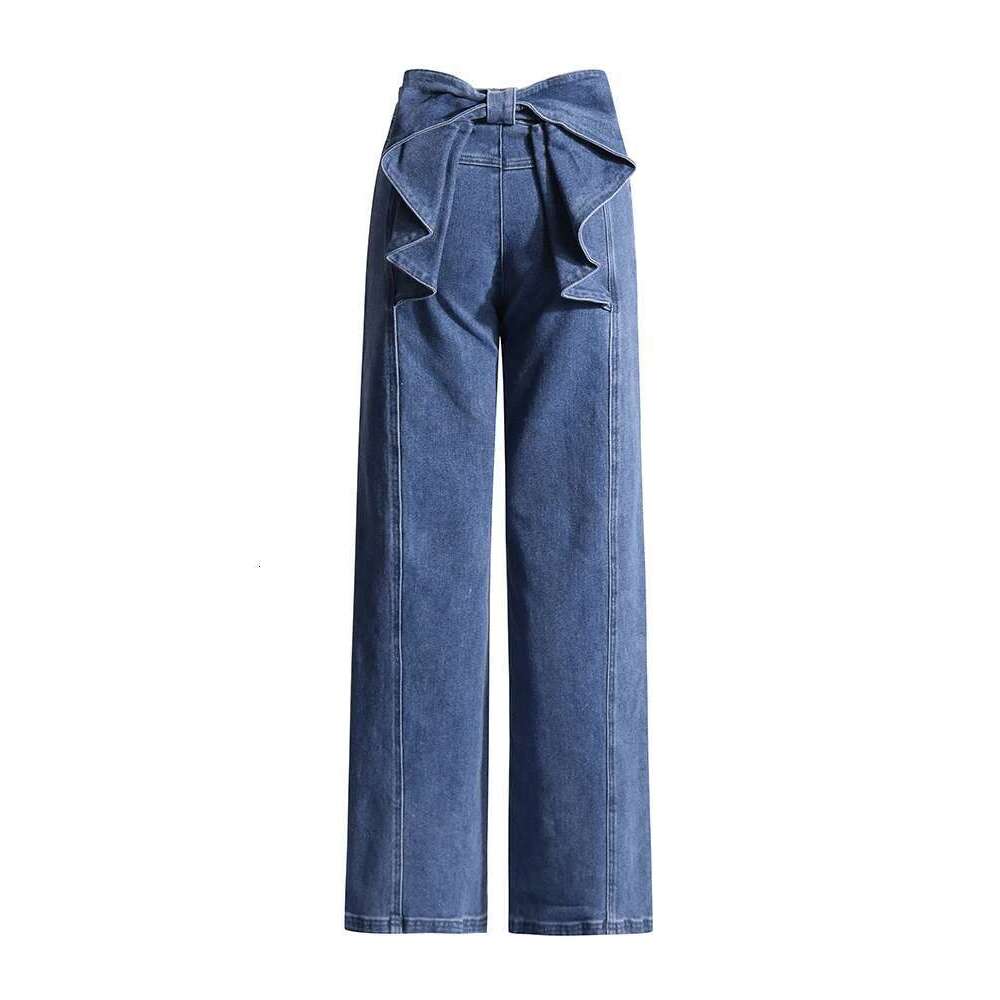 TWOTWINSTYLE Solid Designer Patchwork Bowknot Denim Pant For Women High Waist Spliced Button Streetwear Wide Leg Pants Female Designer