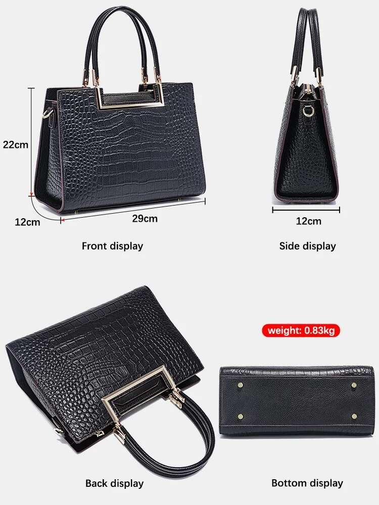 Zency Women Genuine Leather Handbag Black Crocodile Pattern Designer Top Handle Large Capacity Shoulder Crossbody Satchel Purse