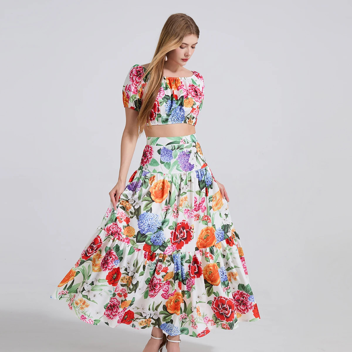 ZJYT Summer Holiday Beach Two Piece Dress Sets Women Runway Fashion Floral Print Slash Neck Top and Long Skirt Suit Outfit 250515