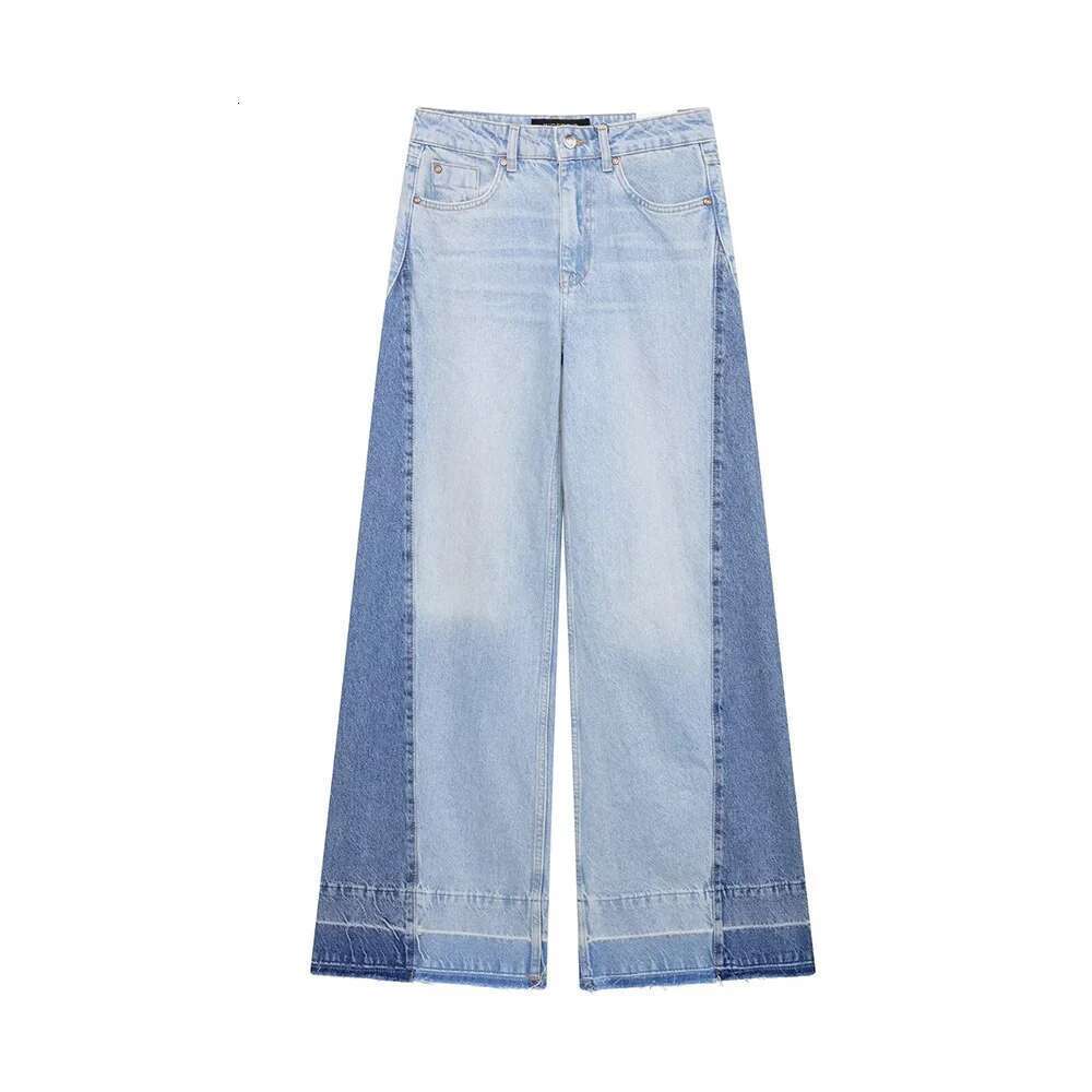 2025 New Women's Casual Elegant Design With European And American Style Splicing Cotton High Waist Wide Leg Jeans Designer