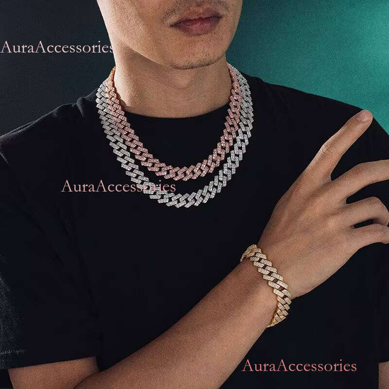 Iced Out Link White Gold Plated Prong Zircon Dia Cuban Chain Necklace Hip Hop Jewelry