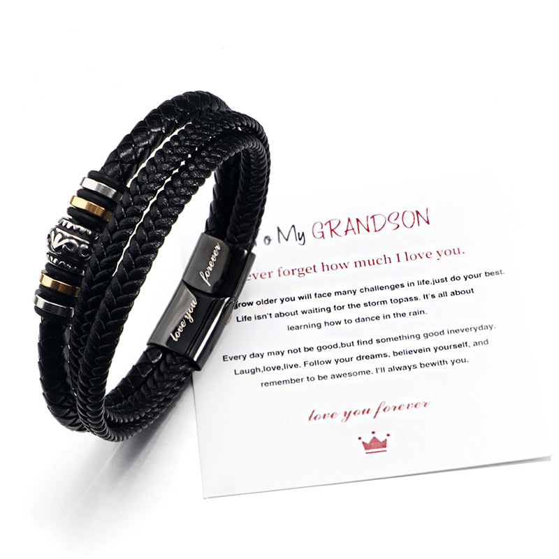 Trendsetting Man's Bracelets: Luxury Stainless Steel Strapped With Genuine Leather Band Featuring Individualized Inscription