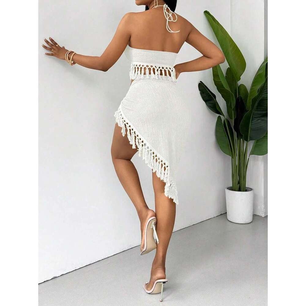 Sexy Tassels Bikini Women's Swimsuit 2025 2 Piece Swimwear Female Outfits Halter Top High Slit Skirt Set Beachwear Bathing Suits