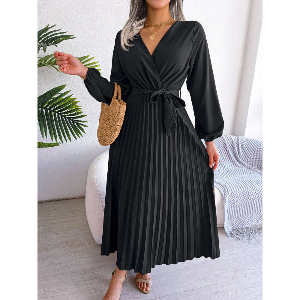 Explosive Real Shot European American Spring and Summer Style Cross V-neck Big Swing Hundred Fold Long Dress Women's 2025 New Casual Fashion Tren