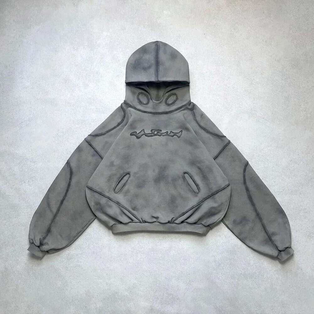 New Winter Gothic Wasteland Style Washed Old Faded Three Dimensional Lines Hooded Sweatshirt Texture Simple Loose Couple Hoodies Designer