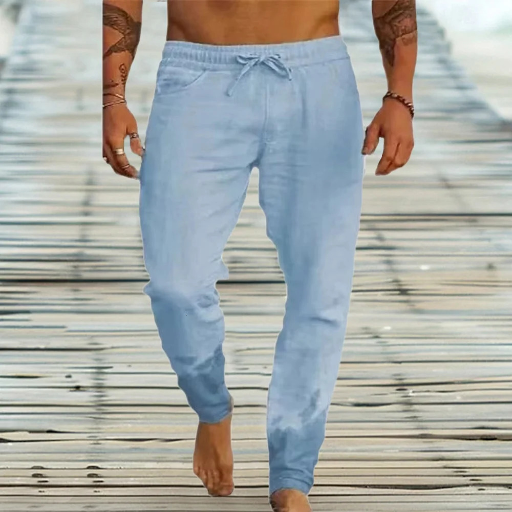 Mens Cotton Linen Casual Sweatpants Beach Pants Joggers Solid Drawstring Elastic Waist Male Vacation Loose Straight 250515