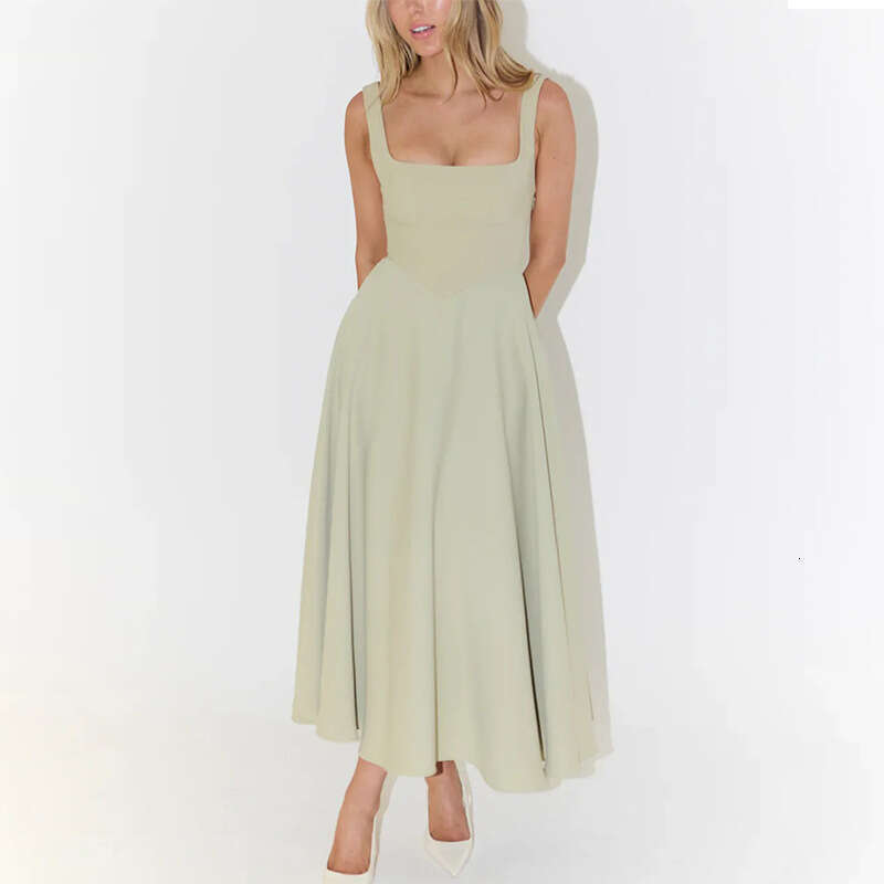 2025 summer new simple and sexy solid color shoulder strap slim fit mid length dress
