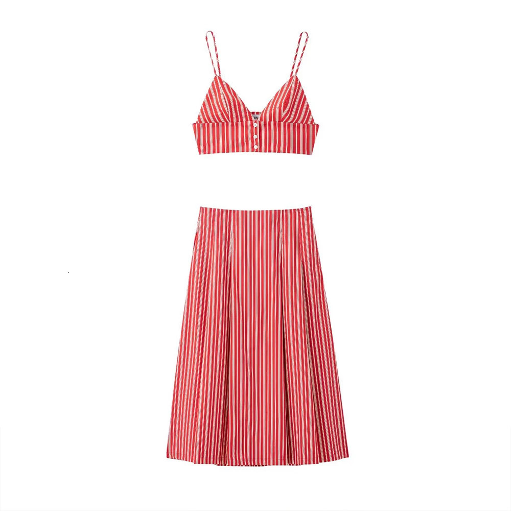 Sweet V Neck Sleeveless Backless Short Halter Top Long Pleated Skirt Women Vibrant Red Striped Suit Set ZATT Spring 250515