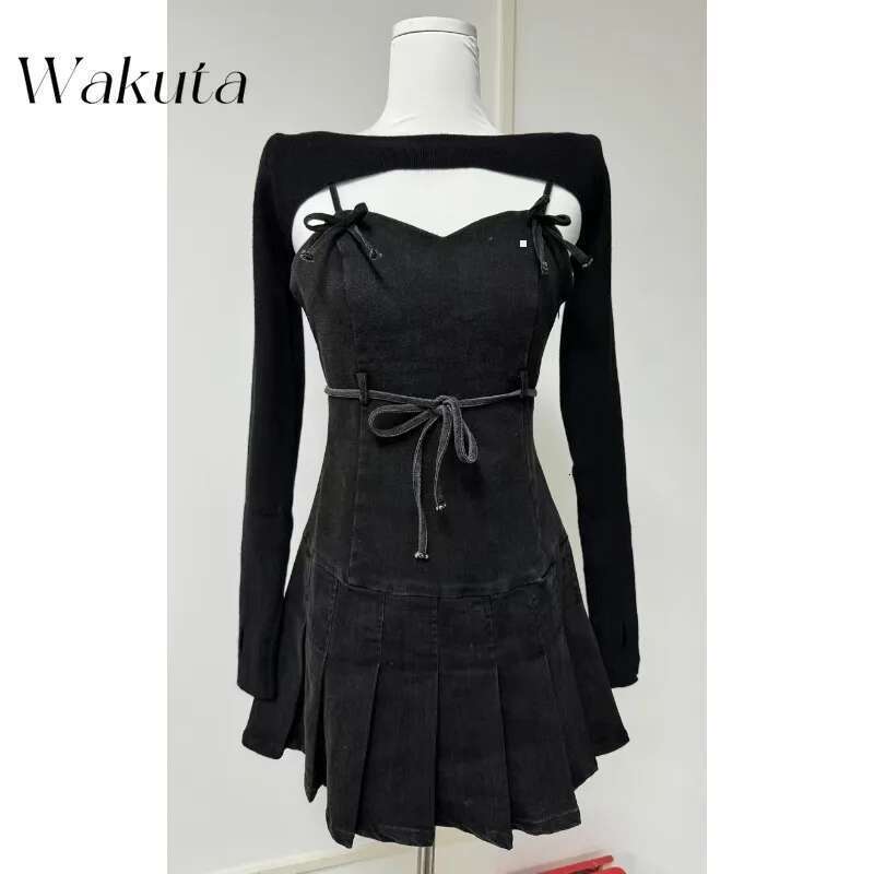 Japanese Summer Elegant U-neck Long Sleeve Slim Fit Blouse Chic Denim Camisole Dress Retro 2-piece Set