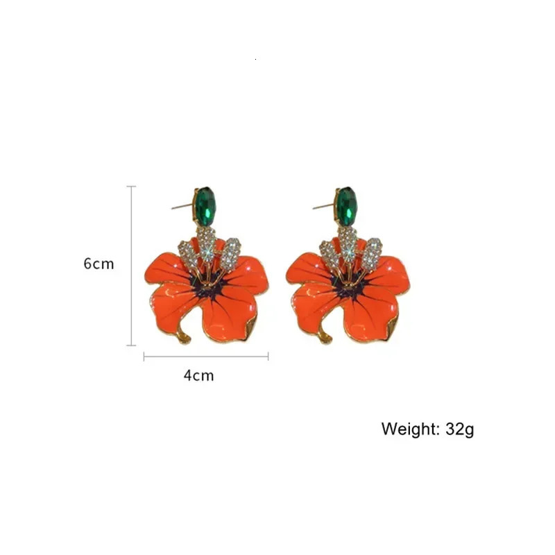 Korean style Orange Enamel Flowers Drop Earrings for Women Girls Green Crystal Dangle Earrings Party Jewelry 250515