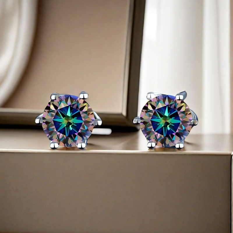 Classic six-prong 925 sterling silver 1/2/4/6CT colorful blue Moissanite stud earrings hot selling High-end style, elegant and fashionable, star style