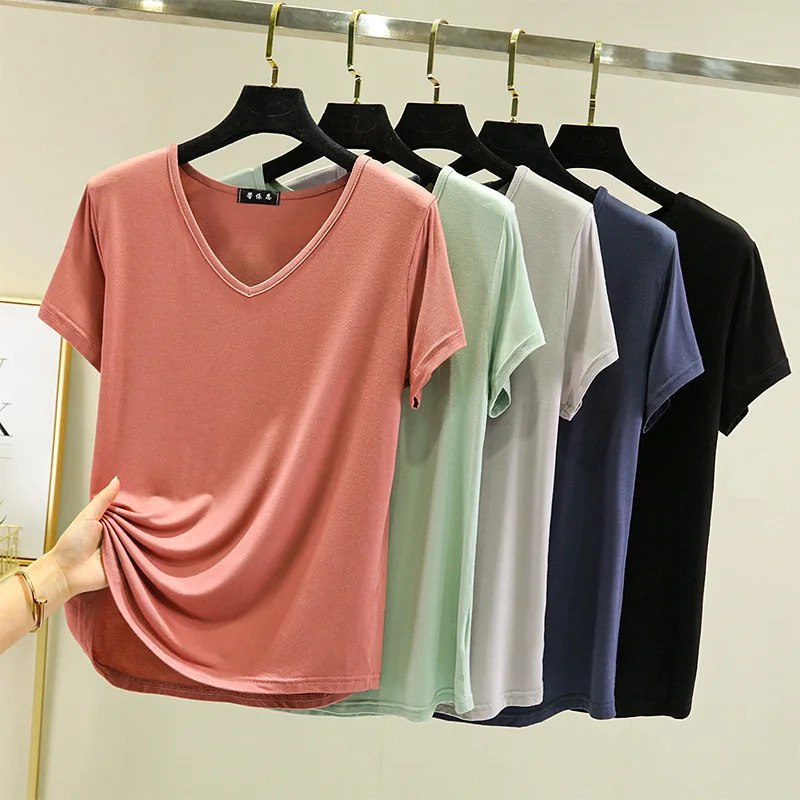 Summer women Modal V-Neck Tshirt Thin Bottoming T-shirts Plus size Loose tee tops Streetwear Basic Top 250515