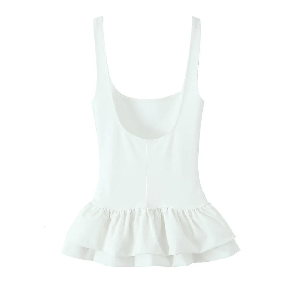 DUOPERI Women Fashion Summer White Ruffled Pleated Backless Tops Straps Square Collar Elegance Chic Lady Camisole 250515