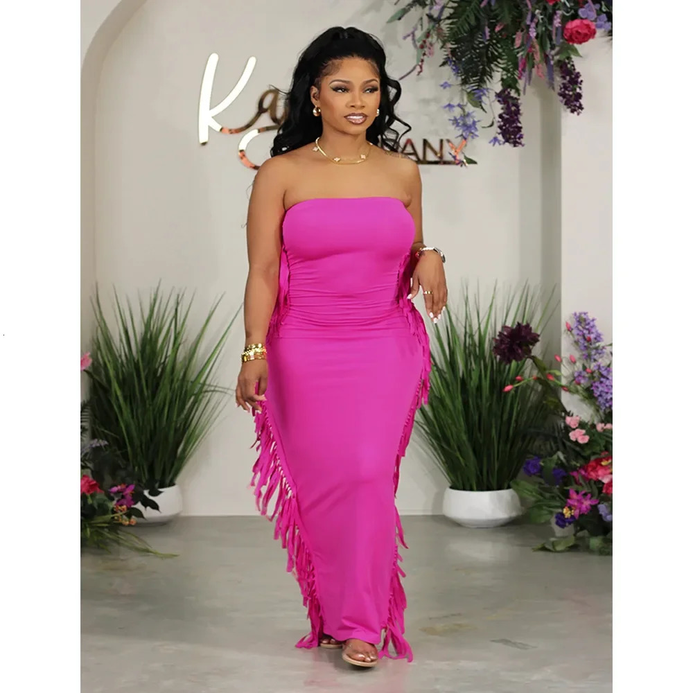 Plus Size Summer Plus Size Womens Dress Strapless Tight Side Slit Fringed Fat Lady Fashion Clothing 250515