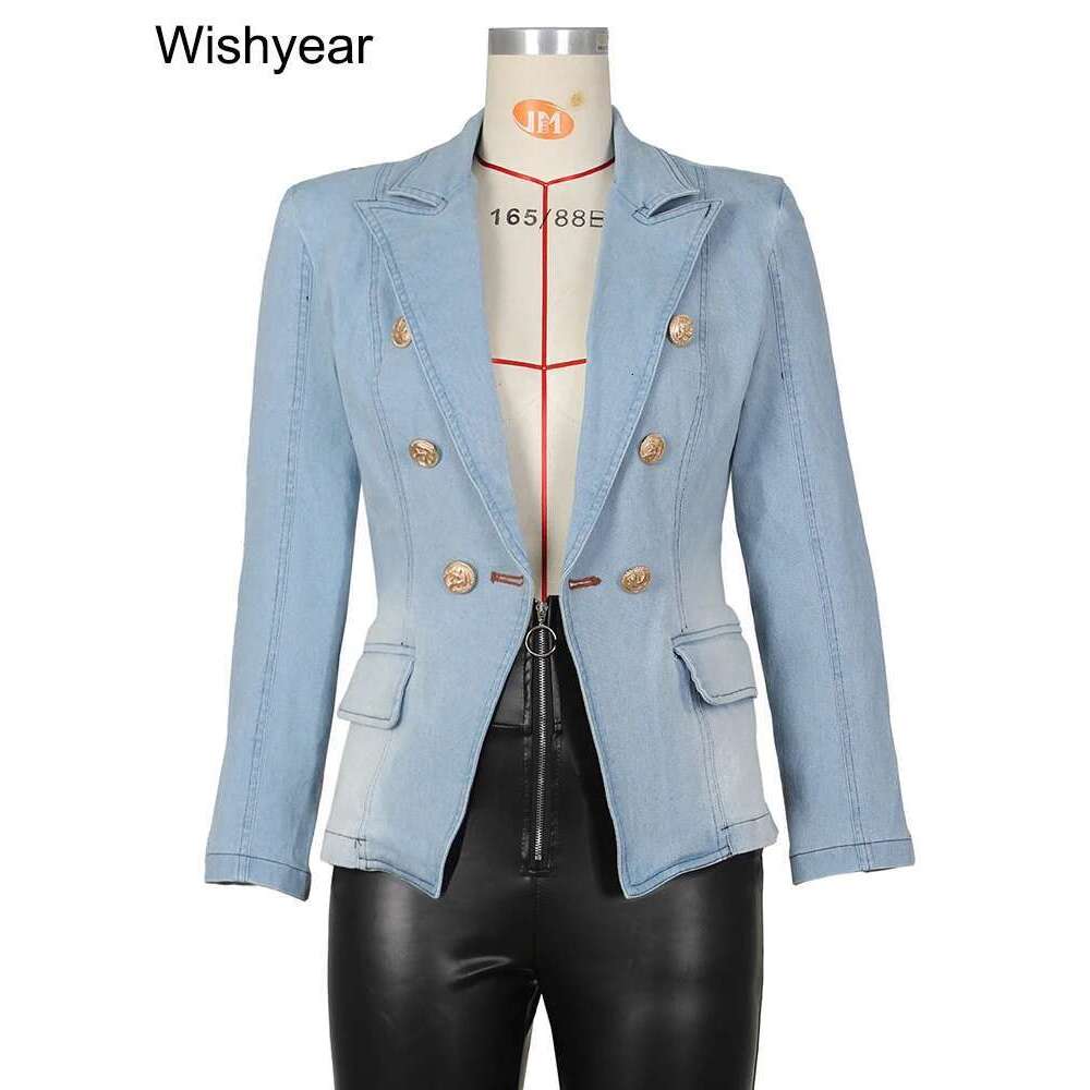 Fashion Notched Collar Long Sleeve Double Breasted Denim Coats For Women Slim Jeans Jacket Casual Streetwear Female Blazer Tops