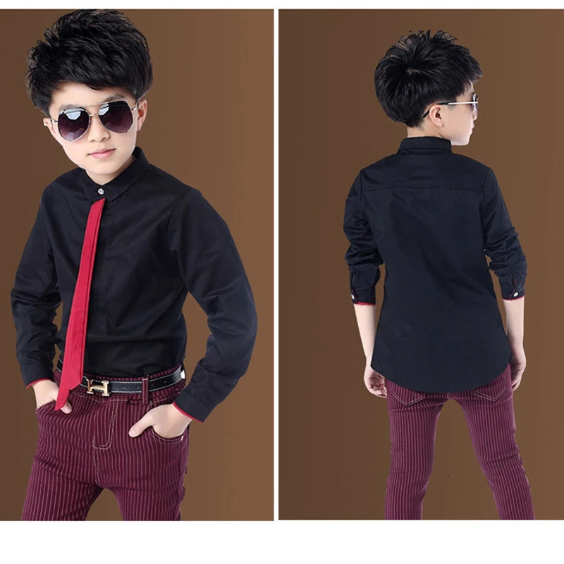Boys Red Shirts Spring Autumn Classic Solid White Chinldren Tops Cotton Long Sleeve Shirt 6-14Years Clothes For Kids 250515