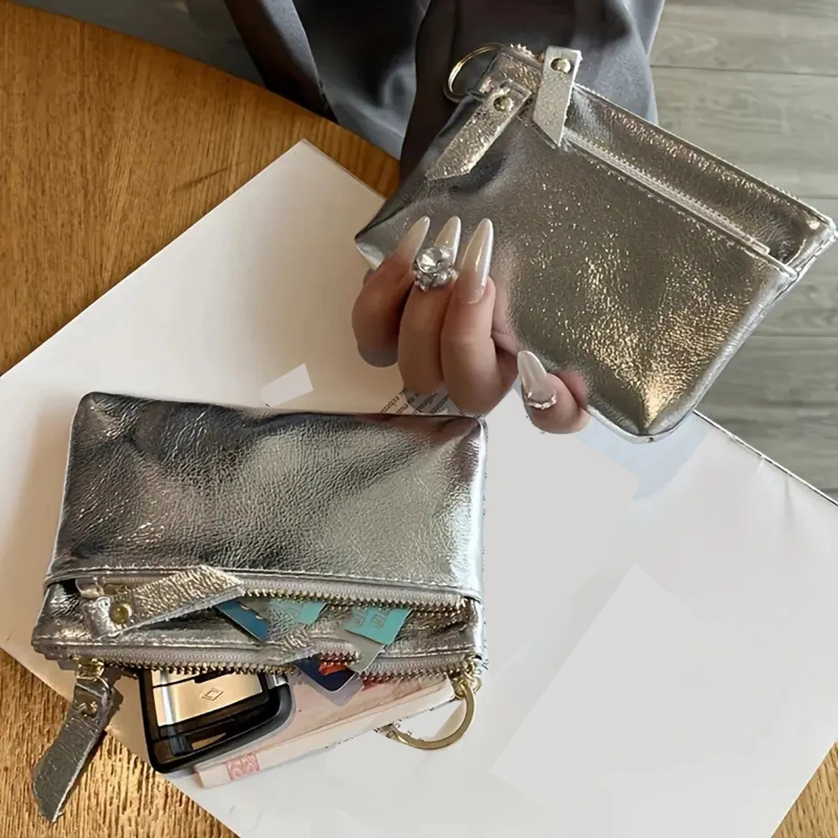 Silver zipper small wallet for women. Top layer cowhide mini pouch. Cracked texture key bag. Card holder. Coin purse. 250514