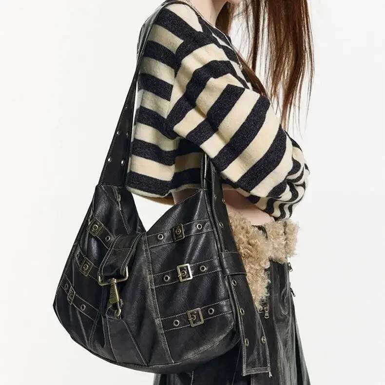 American Retro Punk Pu Leather Handbag Metal Button Shoulder Bags Tote Woman Large Capacity Commuting Storage Bag Purse