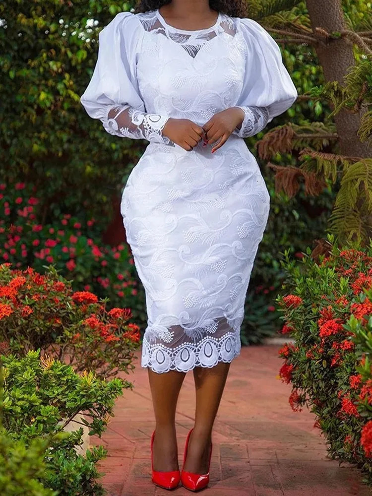 Elegant Women White Lace Dress Puff Sleeve Embroidery Pencil Dress Large Size 4XL Ladies Wedding Birthday Dinner Evening Clothes 250514