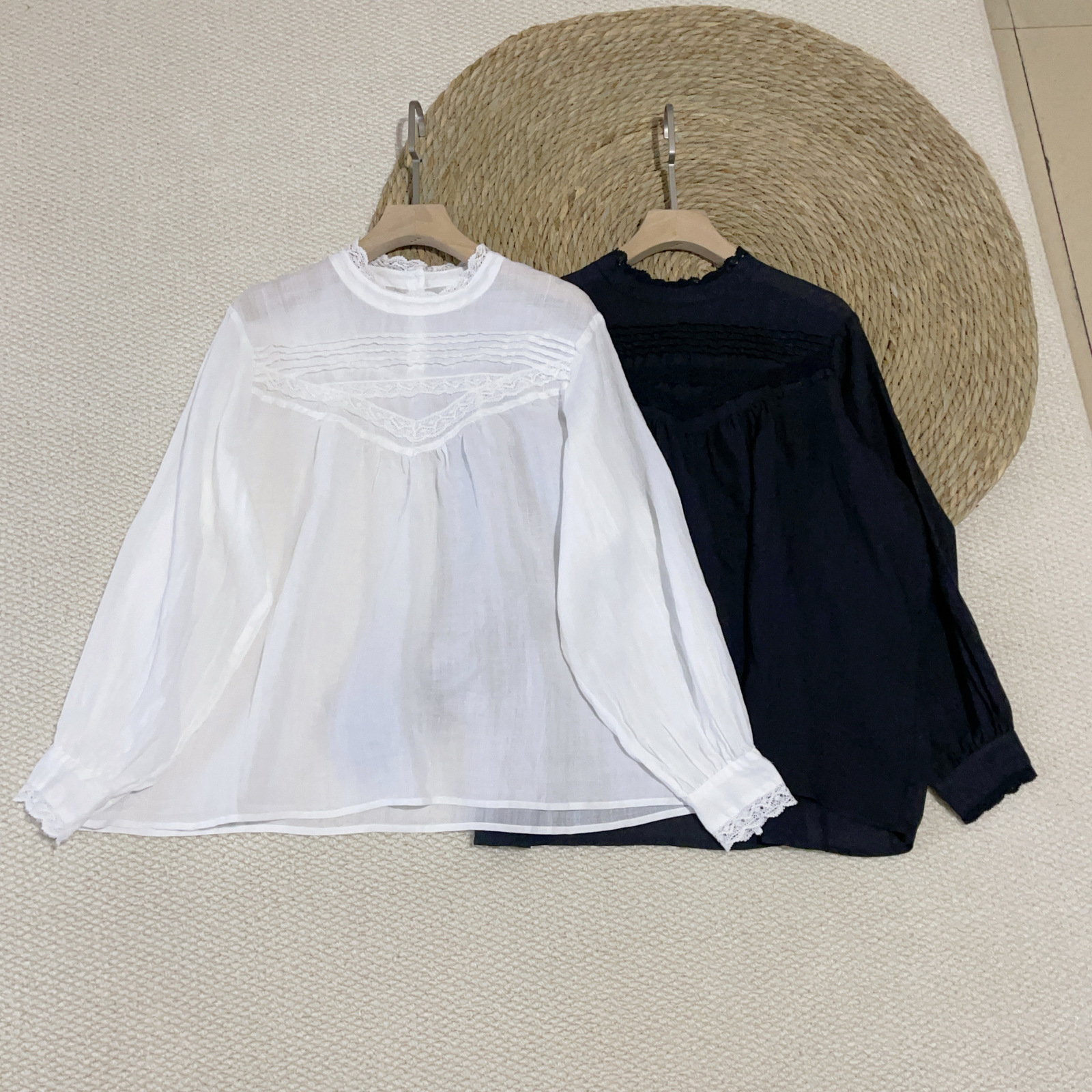 New Elegant Lace Stand Collar Blouse Shirt Sexy Hollow Out Floral Embroidery Feminine Blouses Women Long Sleeve Tops 210419