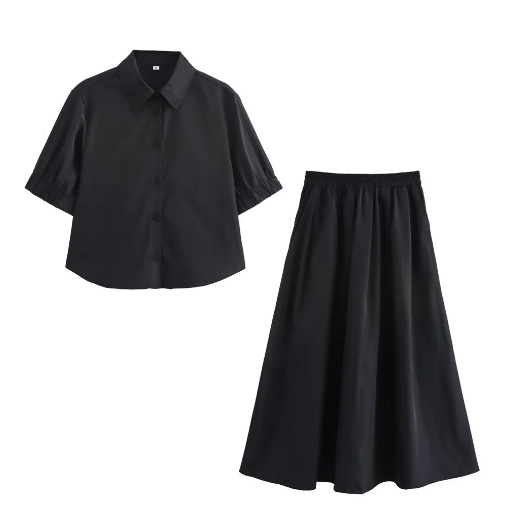 UNIZERA Autumn Product Womens Casual Versatile Collar Short sleeved Shirt High Waist Wide Swing Long Skirt Set 250515
