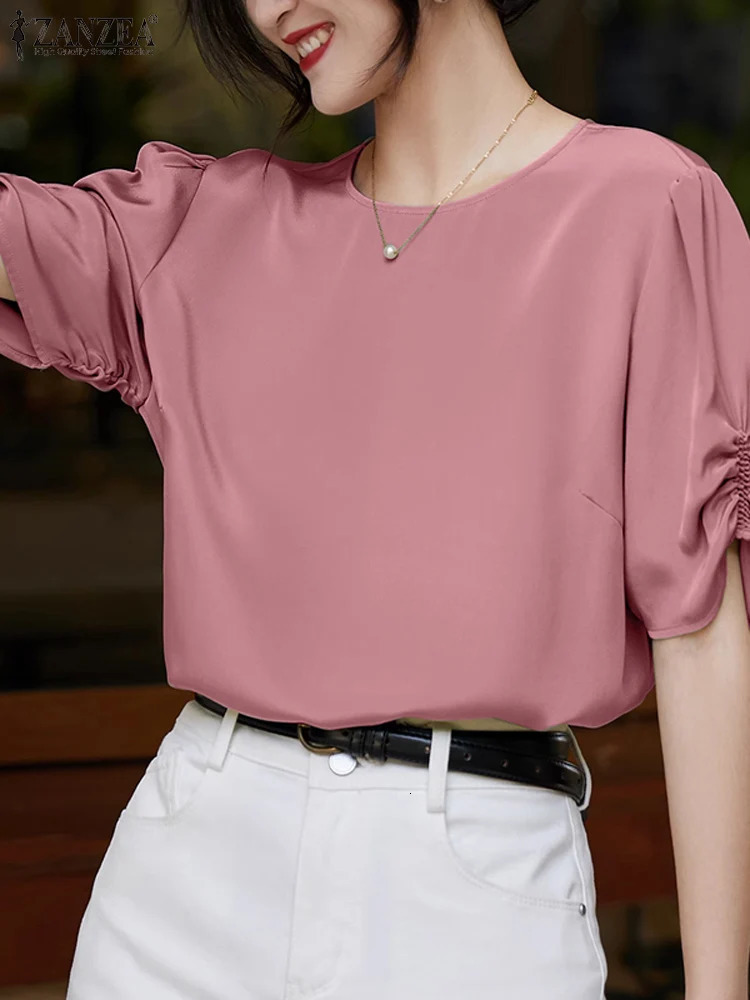 ZANZEA Solid Casual Office Work Tops Fashion Summer Short Sleeve Blouse Women Elegant Loose Party Blusas OL Shirt Chemise 250514