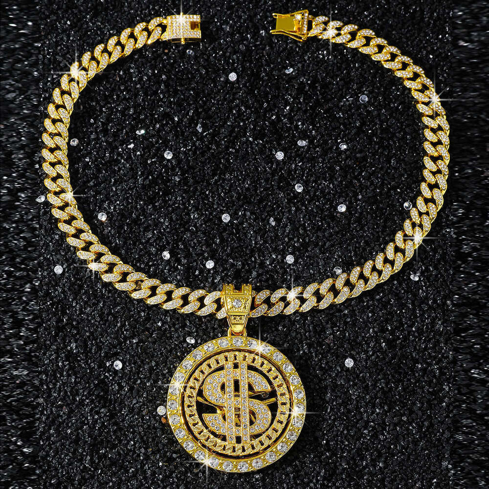 Fashionable alloy rotating pendant necklace, exaggerated personality, and men's Cuban dollar necklace