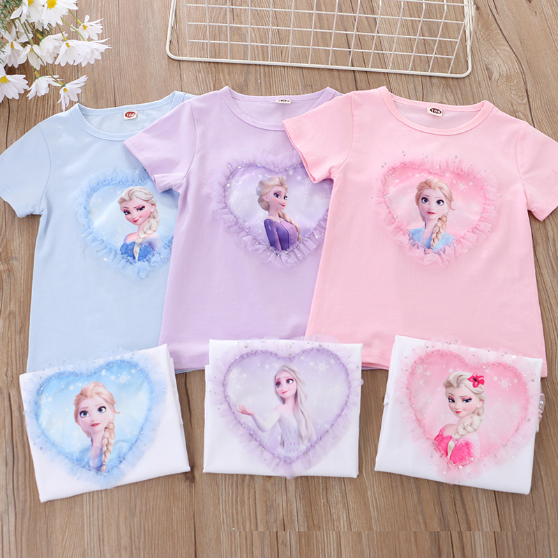 DISNEY Frozen Princess Elsa kids designer clothes Girls short sleeve princess short sleeve top T-shirt cotton comfortable and soft with no label desig