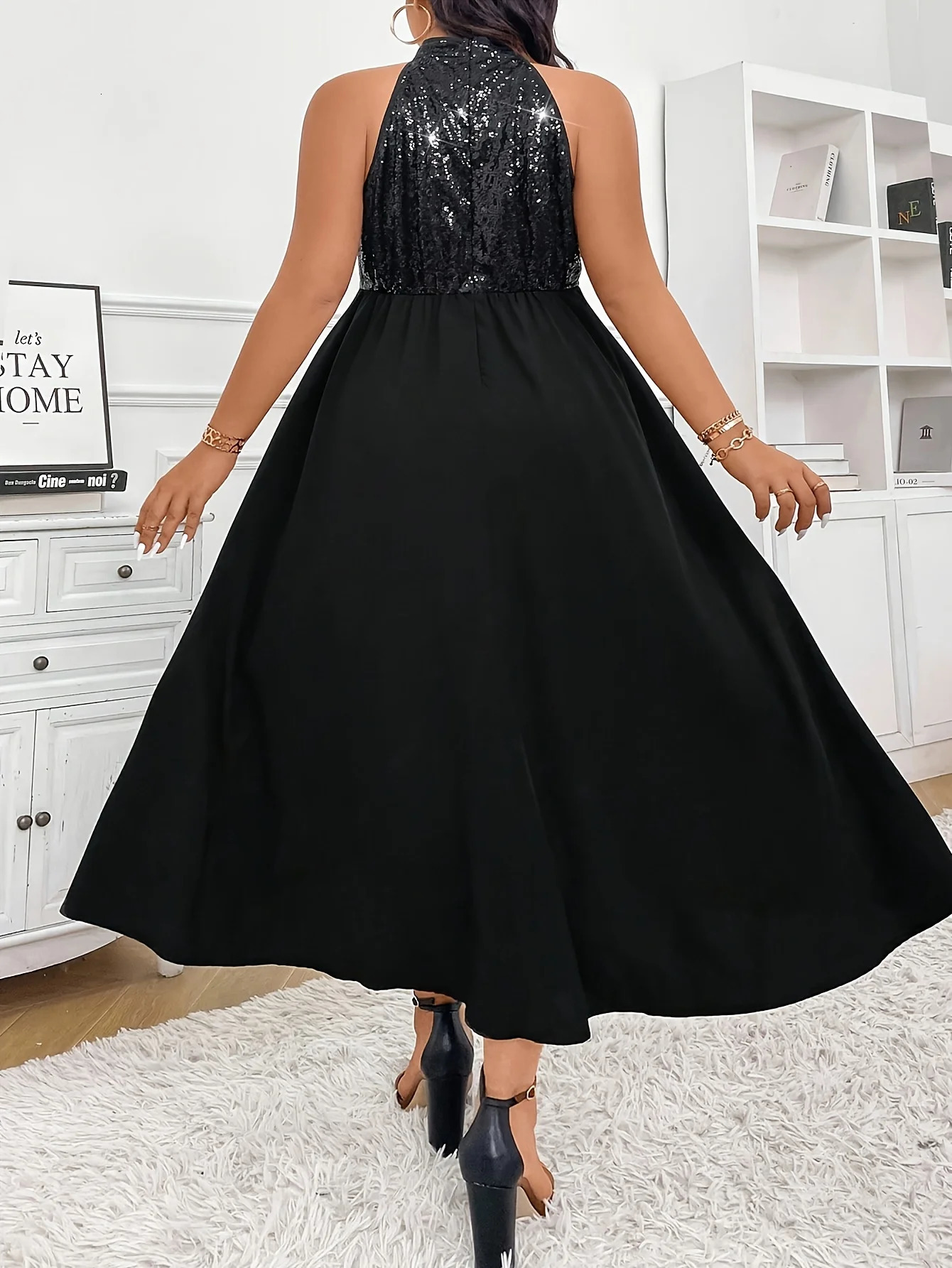 Plus Size Womens Elegant Sleeveless Sequined Trumpet Midi Dress Casual Weekend Outfit All Seasons Sequined Vest Dress 250509