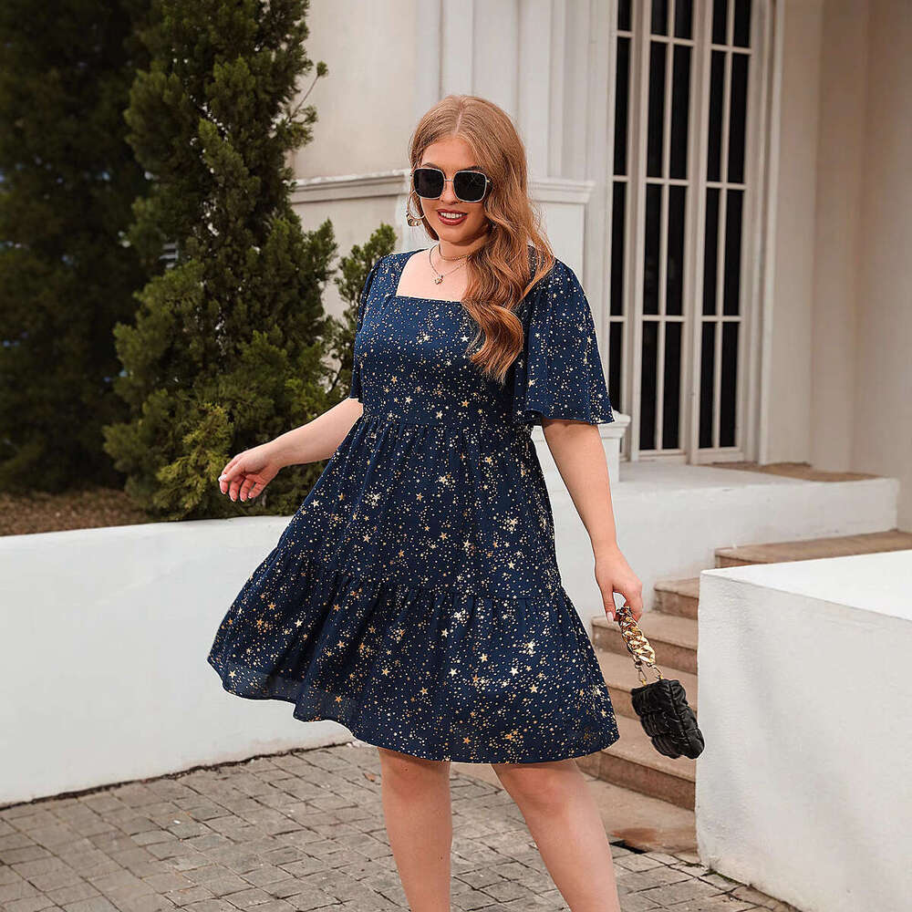 Plus Size Vestido Calf Floral Dress Beach Dress Fulllace Gold Stamping Printing Casual Loose Fitting Cocktail Party Elegant Dress Oversized Womens Clo