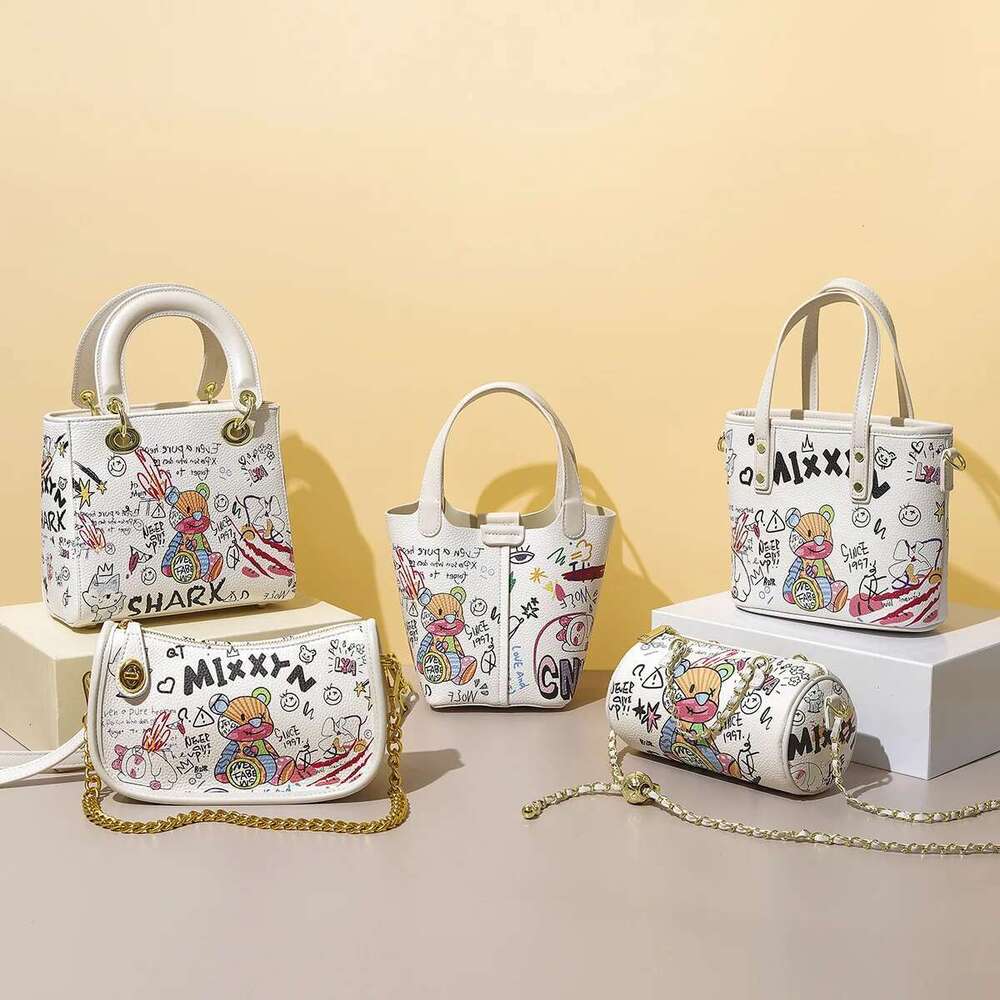 Women Tote Leather Crossbody Bags Female Daily Commute Square Shoulder Versatile Dinner Fashion Cartoon Print Bucket Bag