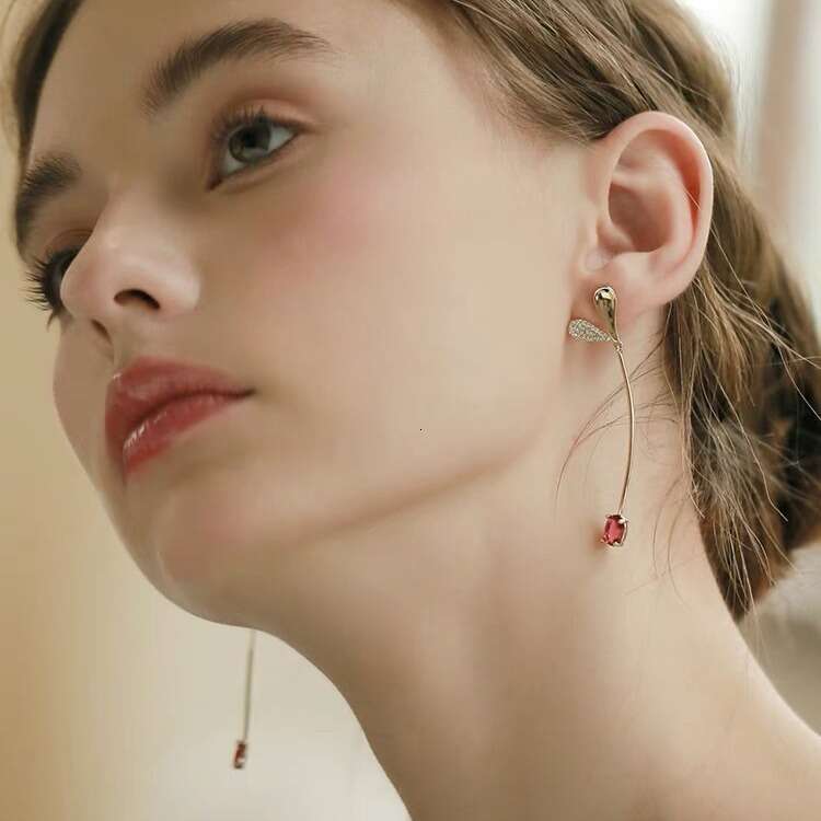 Spring's Little Grass Sprout Design by Master Pigeon Blood, Same Style Red Zircon Love Long Earrings, Versatile and Elegant