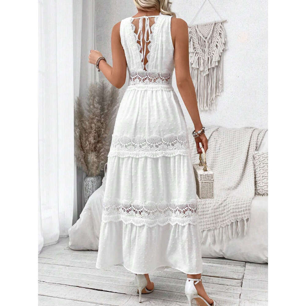 White Dress Maxi Dress 2024 Summer New VCAY Women's Lace Spliced V-Neck Sleeveless Dress KQ