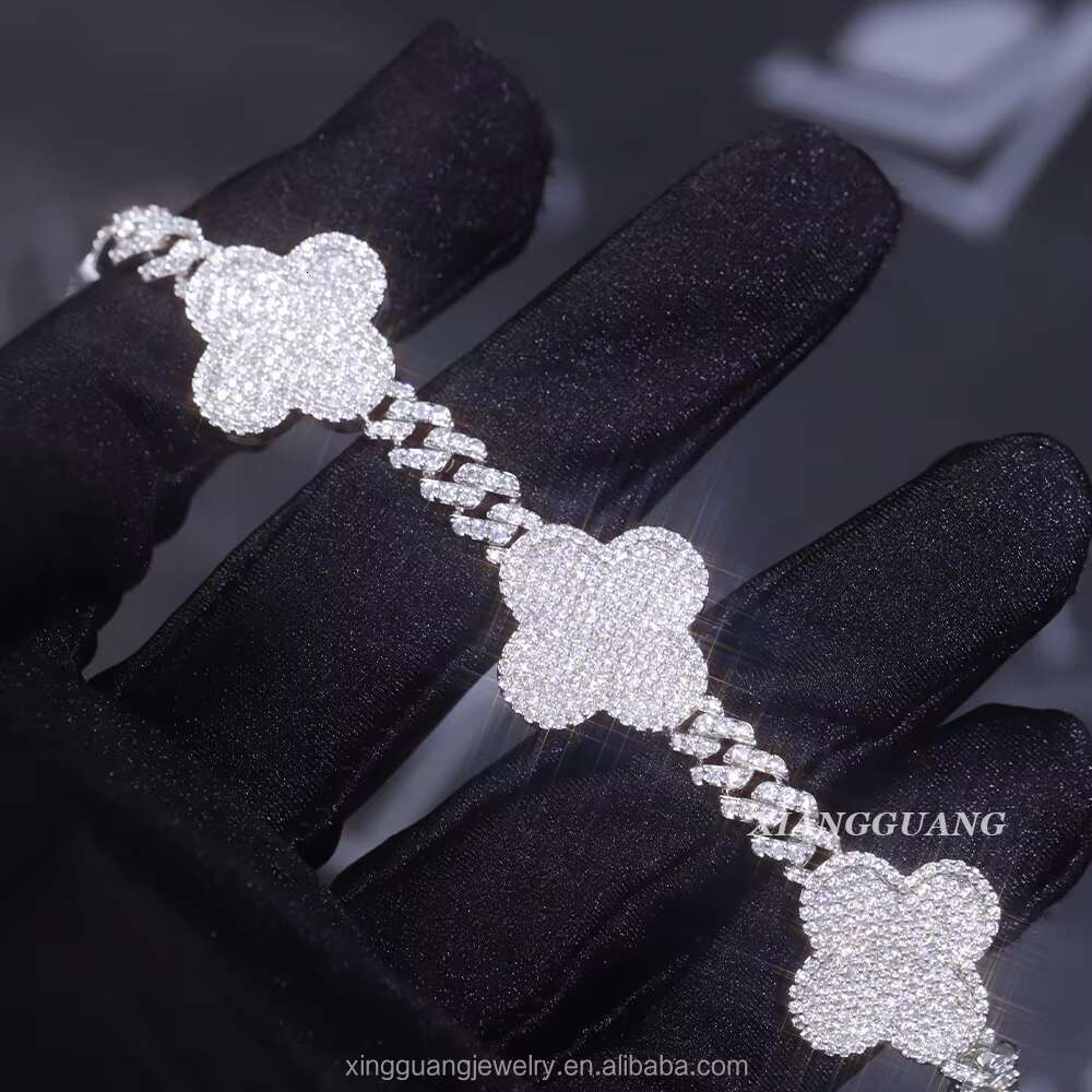 Iced Out Diamond Cuban Bracelet 925 Sterling Silver VVS Moissanite Diamond Four Leaf Clover Tennis Bracelet 3mm 4mm Tennis Chain