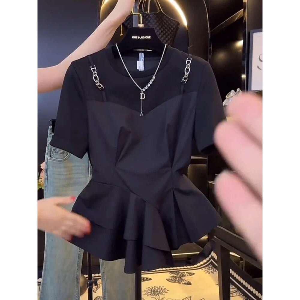 Black blouse female summer new irregular design slim fake two-piece short-sleeved T-shirt ruffled ing