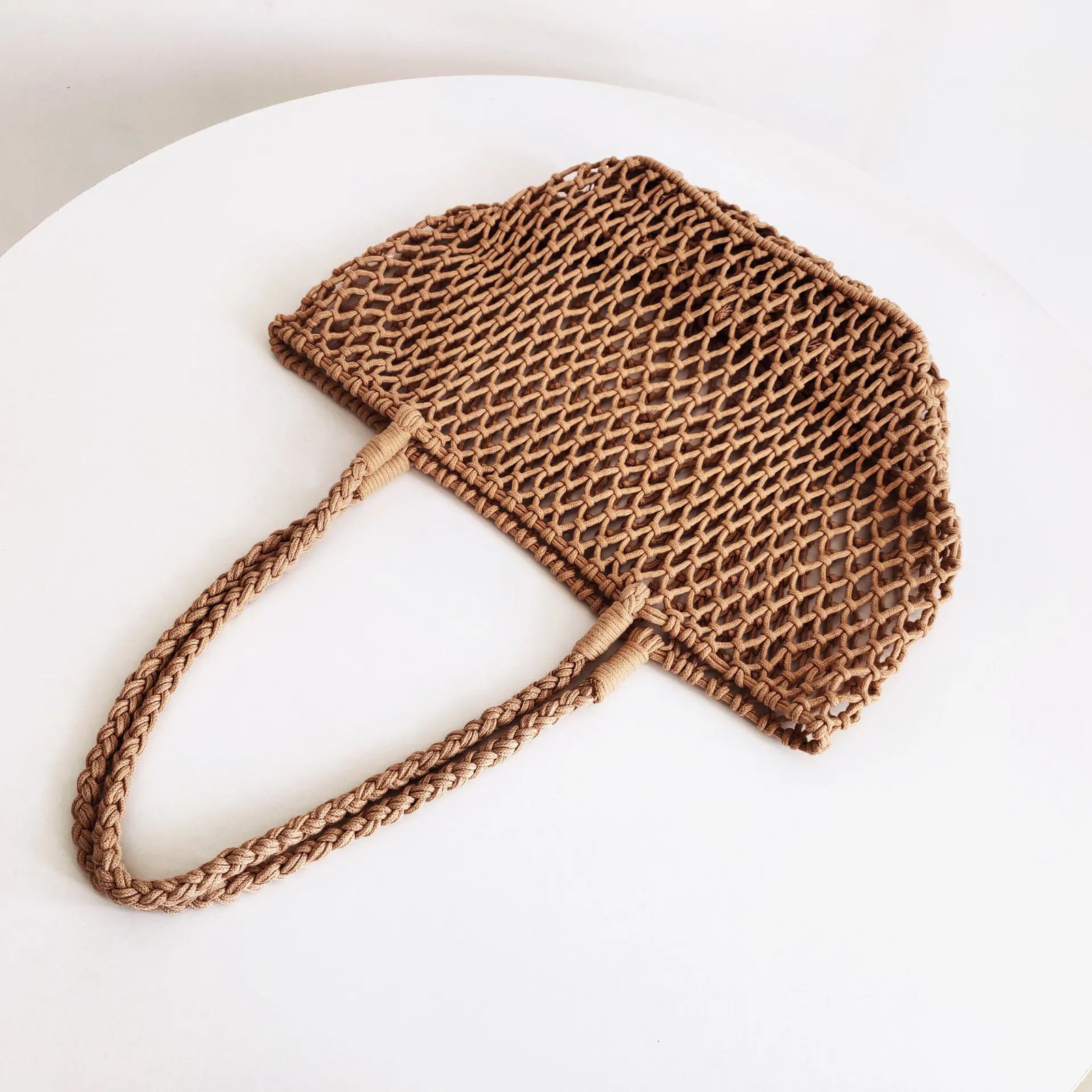 Handmade Woven Bag Hollowed Out Mesh Bag Cotton Rope Single Shoulder Handbag Beach Vacation Leisure Bag 250515