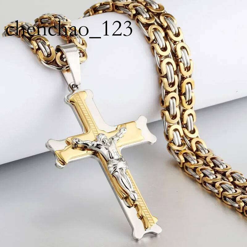 Pendant Necklaces Gold Color Fish Bone Pattern Cross Necklace Men Stainless Steel Crucifix Jesus Link Chain Catholic Jewelry GiftPendant