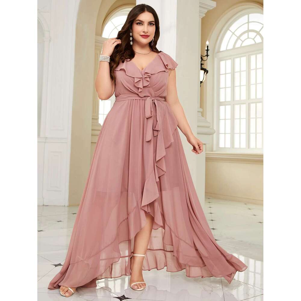 Unithorse Plus Size Women Summer Asymmetric Ruffle Lace With Waist Belt Elegant Chiffon Formal Bridesmaid Dress