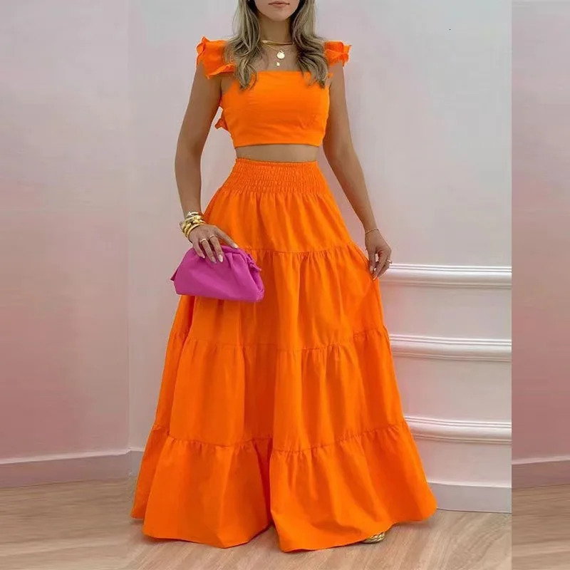 Dress Set Twopiece Womens Clothing Solid Color Sexy Suspender Large Swing Skirt Short Sleeved Square Neck Top Summer Outfits 250515