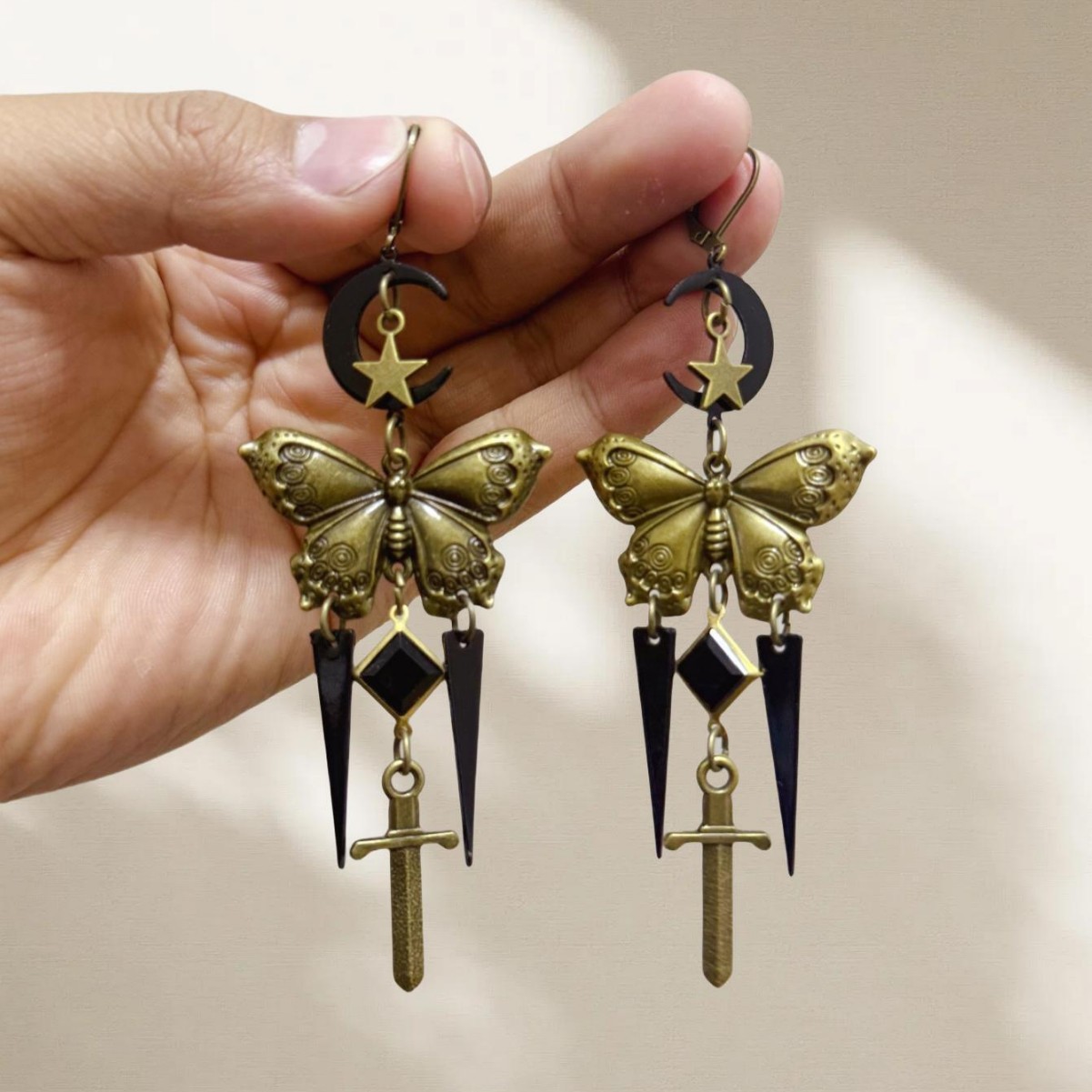 Vintage Gothic Star Moon Butterfly Sword Earrings - Unique Retro Dangle Design for Bold Fashion Statements, Available for Wholesale