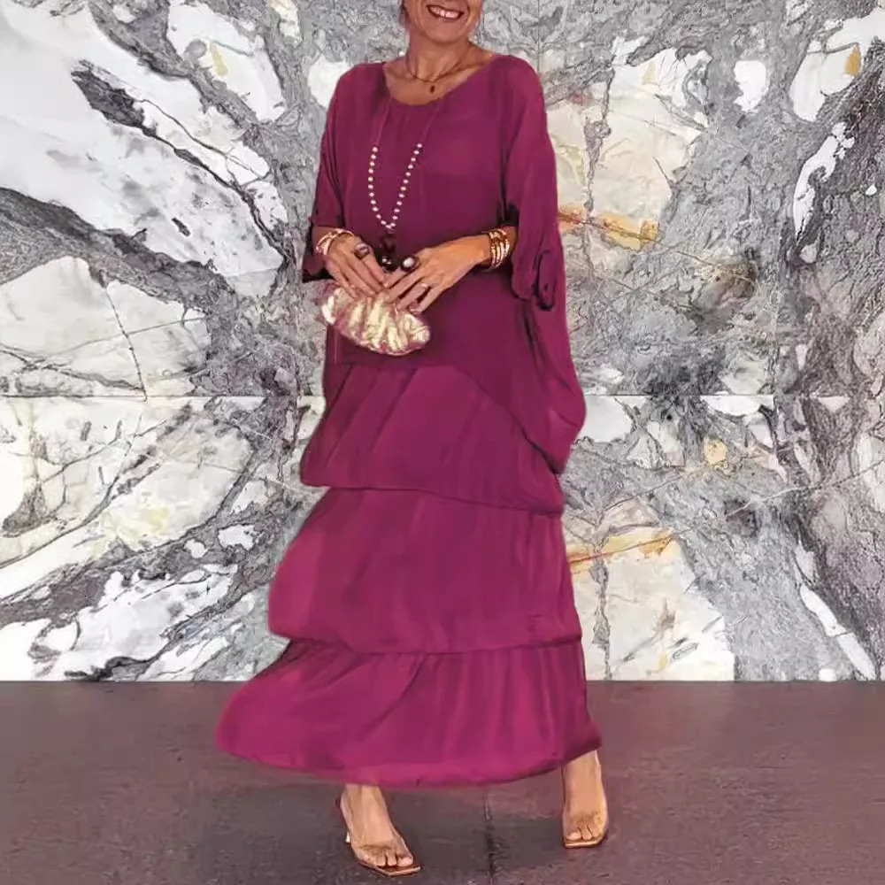 Womens Elegant Long Dress Fashion Round Neck Bat Sleeve Cake Dresses For Women Spring and summer Robe Looes Plus Size 250514