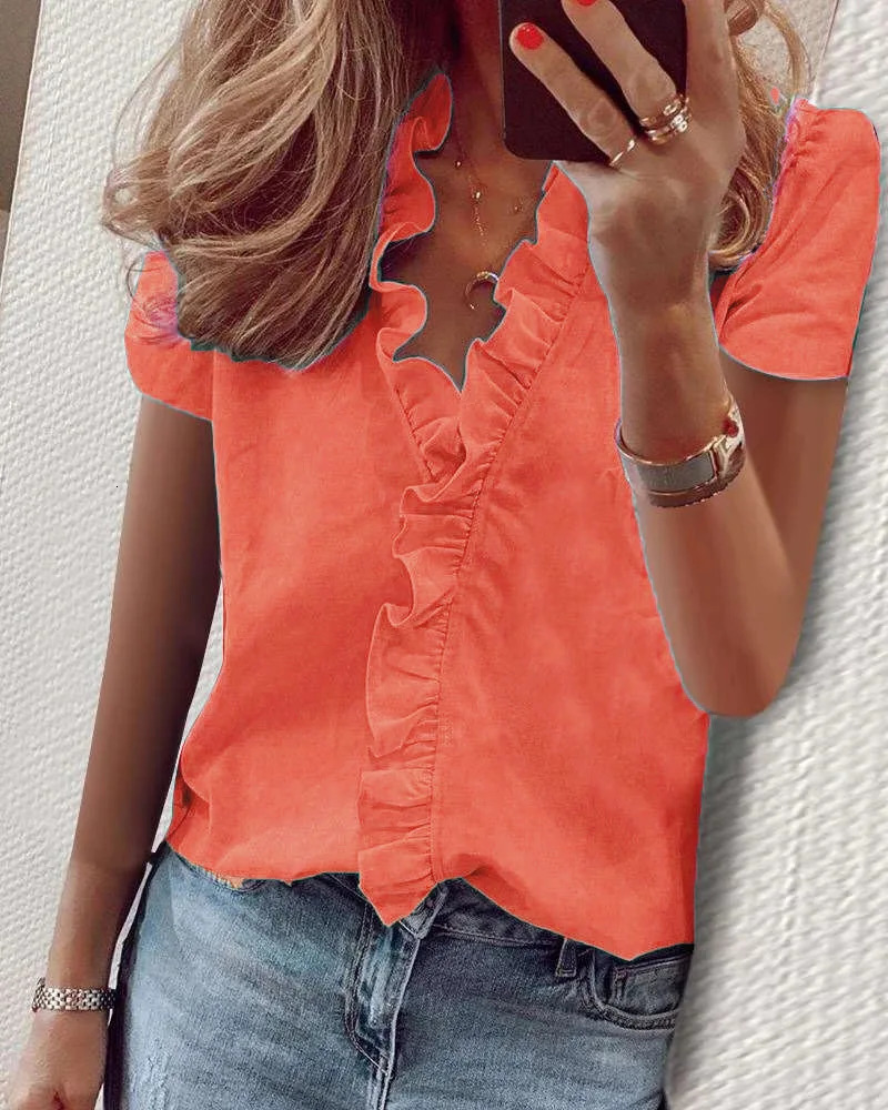 Plus size summer shirt fashion casual short sleeved V-neck shirt womens commuting solid color printed loose shirt top 250514