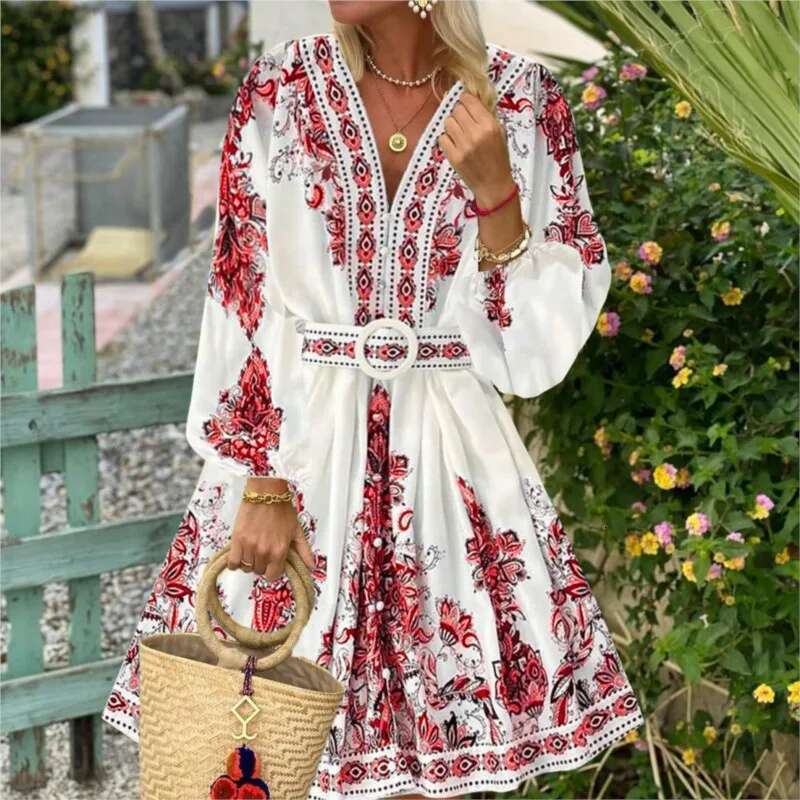 Autumn Women's Fashion V-Neck Long Sleeved Bohemian Printed Retro Lantern Sleeve Chinese Style Blue White Porcelain Dress