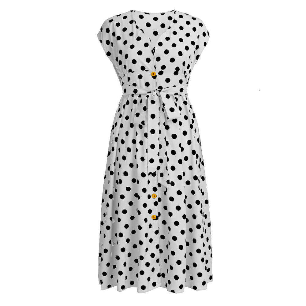 Plus Size Whitedress Vestido De Mujer Women Dresses Womens Dresses New Womens Oversized Polka Dot Dress with Button Up Strap and Waist Cinching V-neck
