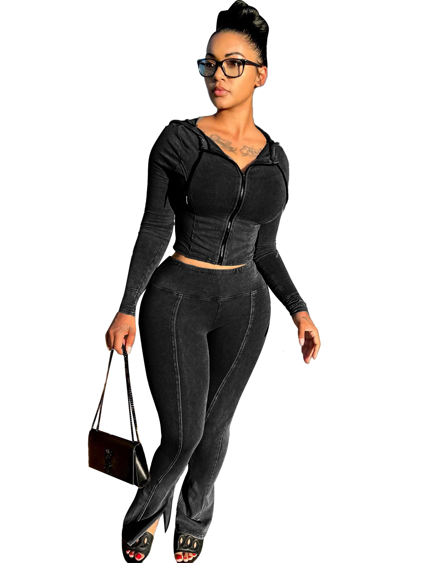 HR24063 womens washed and worn hooded flared pants two-piece casual set