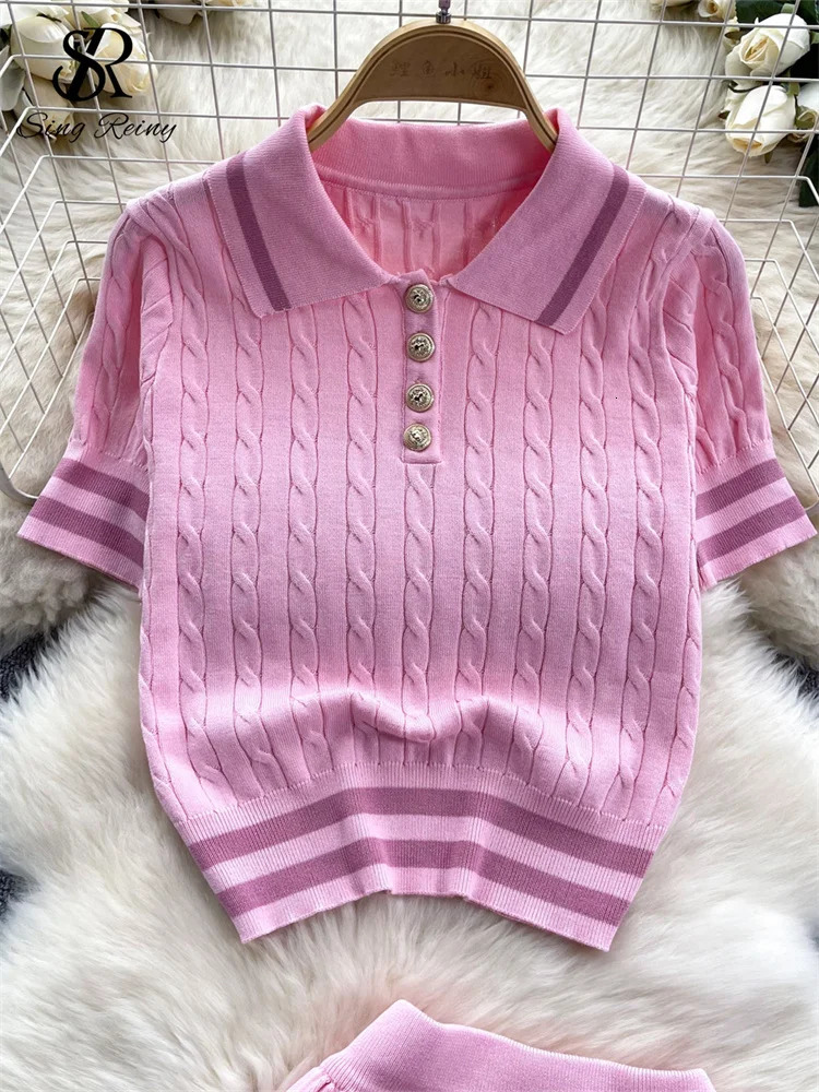 SINGREINY Summer est Knitting Two Pieces Sets Button Vintage Basic TopsHigh Waist Pleated Skirt Women Fashion 2pcs Suits 250515