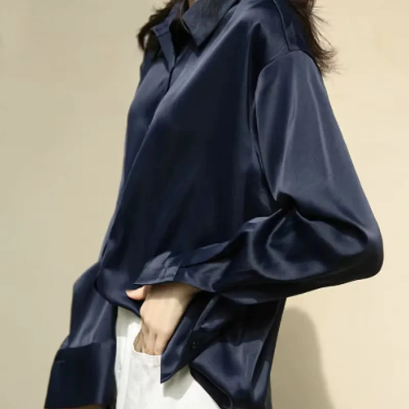 Women Shirt Turndown Collar Solid Color Satin Blouses Fashion Autumn Office Lady Elegant Tops Spring Long Sleeve Clothing 250515