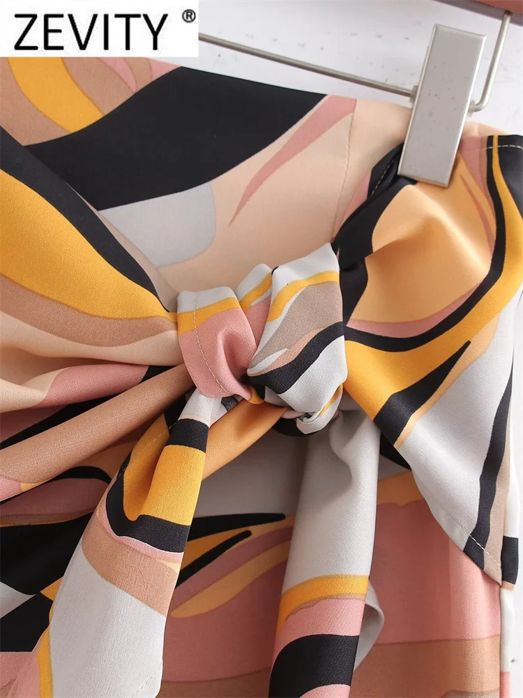 Zevity Women Fashion Color Matching Graffiti Print Bow Ted Wrapped Mini Skirt Skirts Female Zipper Dresses QUN7301 250515