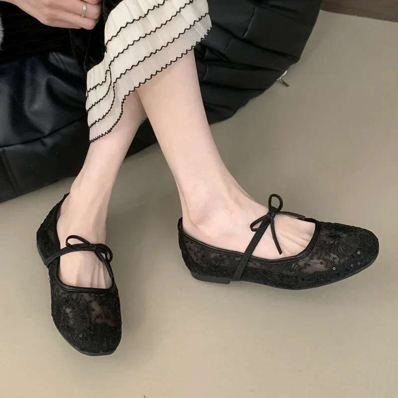 Mesh Ballet Flat Women Embroidery Soft Sole Bowknot Fashion Footwear Female Hollow Comfort Designer Brand Mary Jane Shoes