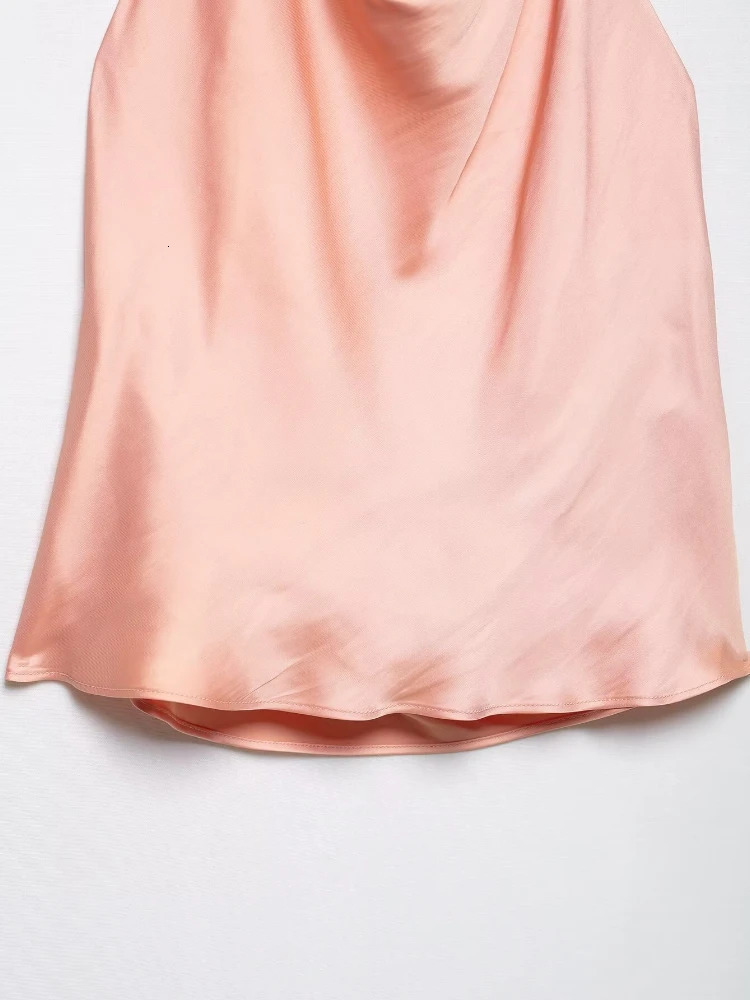 ZBZA Womens Gold Satin Backless Halterneck Top Goldembellished Silksatin High Waist Midi Skirt Summer Female Set 250515